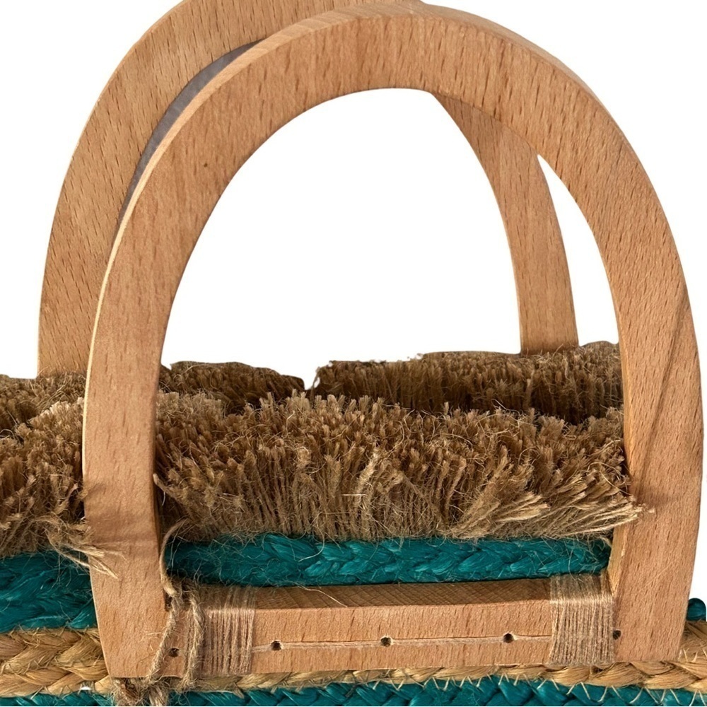 ANTIK KRAFT Hashree Wicker Jute Blue Stripes Tote Bag Wooden Handles Beach Bag - Picture 9 of 16